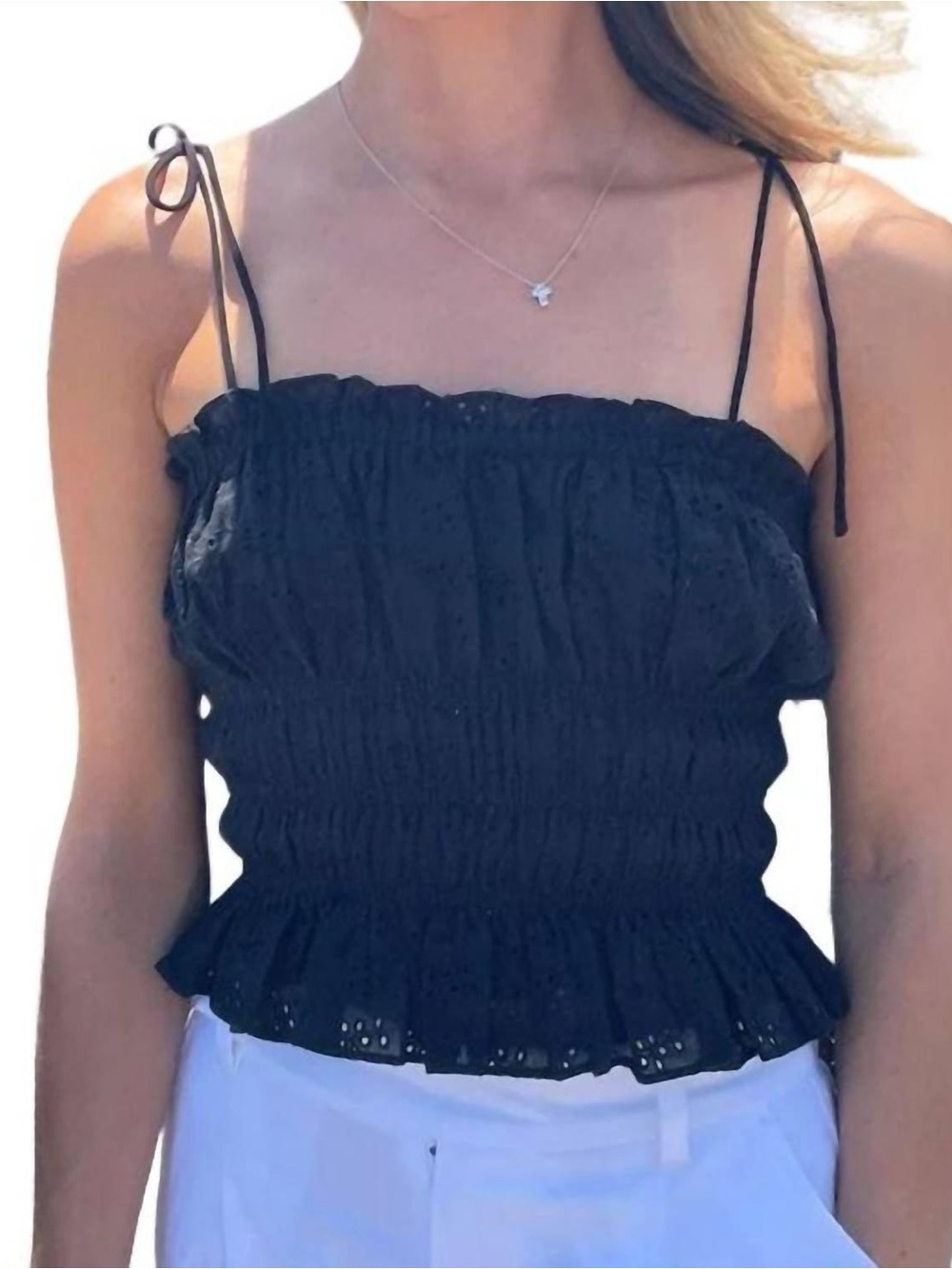 Black Smocked Tie-Strap Women’s Top